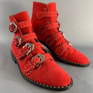 GIVENCHY Size 9 Red Studded Leather Belted Boots